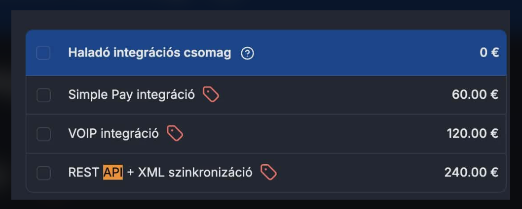 MiniCRM REST API modul az Előfizetés menüben