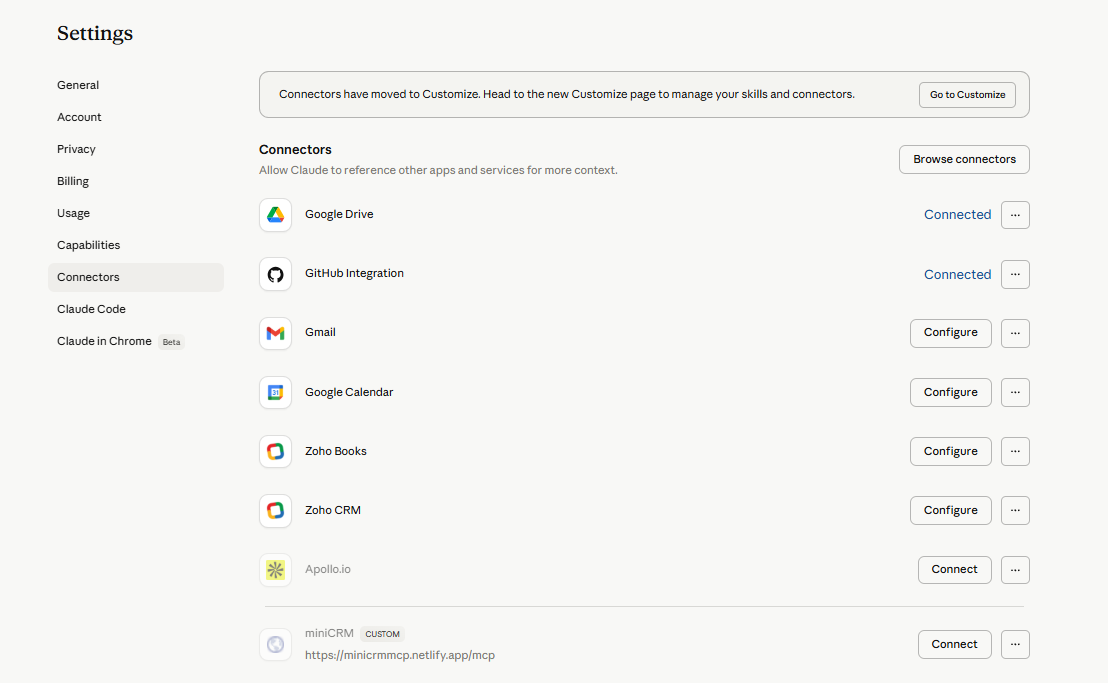 Claude AI Connectors beállítások - miniCRM Connect gomb