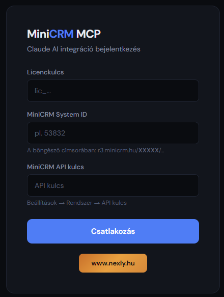 MiniCRM MCP bejelentkezési ablak - Licenckulcs, System ID, API kulcs
